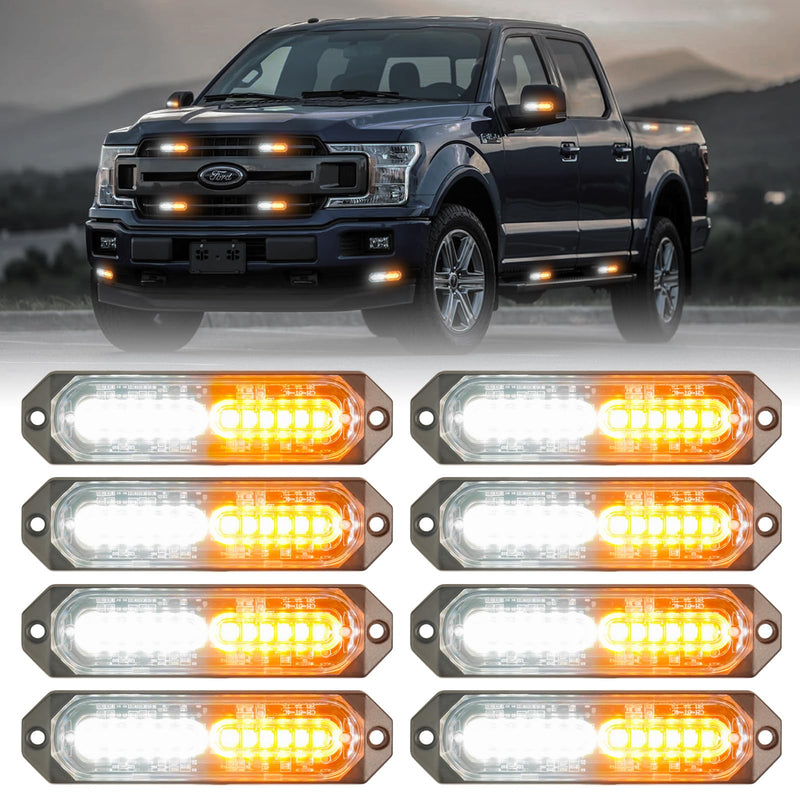 8-Pcs 12 LED Sync Feature Emergency Strobe Grille Lights Ultra Slim Surface Mount Hazard Warning Flashing Chase Light Bar for Construction/Police/Truck/Vehicles/Car/SUV/ATV/UTV (Amber/White) #01 Amber/White