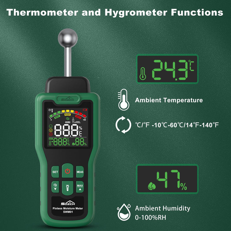 Moisture Meter, SQECH Pinless Moisture Meter with Thermometer, Flashlight, Alarm, Multifunctional Wood Moisture Meter with Color LCD, for Walls, Wood, Masonry, Caravans, Apartments
