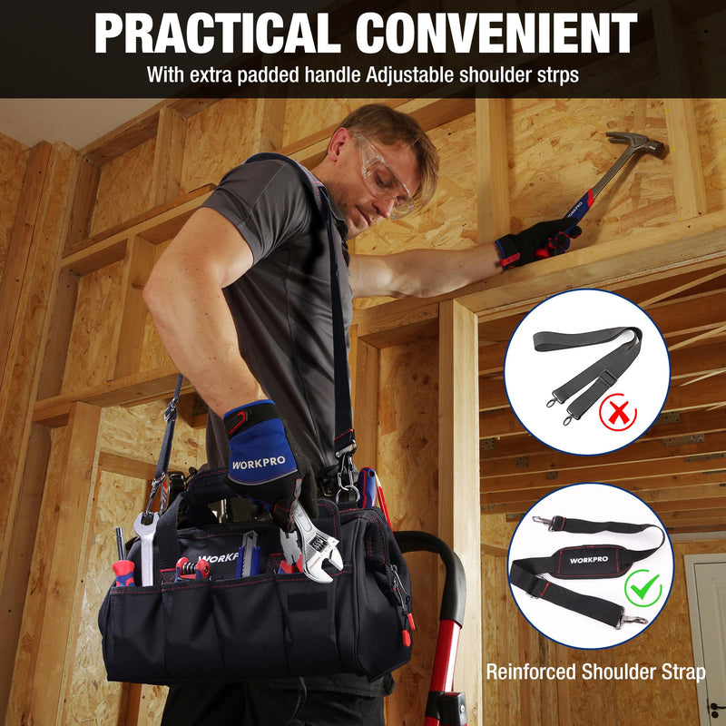 WORKPRO 14-inch Tool Bag, Multi-pocket Tool Organizer with Adjustable Shoulder Strap, W081021A , black Storage Tool Bag 14 inches