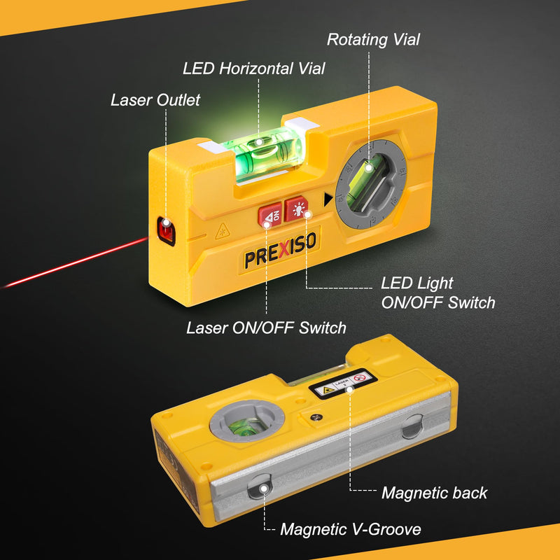 PREXISO 2-in-1 Line Laser Level - Mini Torpedo Level with Light, 3-3/4 inch Rotatable Magnetic Pocket Level & 30Ft Laser Line Leveler Tool for Hanging Picture, Wall Marking Painting, Home Renovation Rotatable Vial