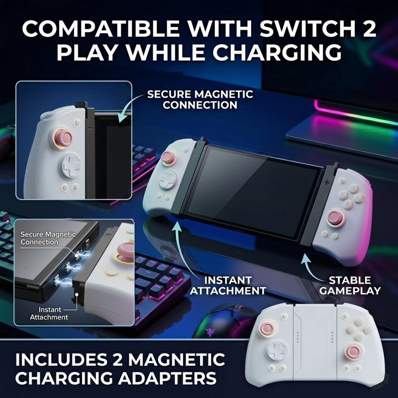 PLAYVEX Wireless Controller Compatible with Switch 2 Switch OLED and Switch Lite Includes Magnetic Charging Adapters Hall Effect Joysticks RGB Turbo Motion Control Grip Stand