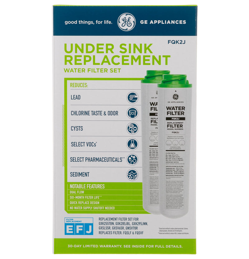 GE Under Sink Water Filter Replacement, Dual Flow, Reduces Sediment, Rust & Other Impurities from Water, Fits GXK255TBN Under Sink Filtration System, Replace Every 6 Months, FQK2J, 2 Filters 2 Count (Pack of 1)