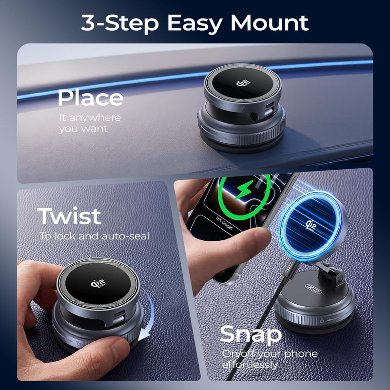 Qi2.2 Magnetic Car Mount Charger,25W Fast Wireless Charging Stand with RGB Light,360° Rotating Suction Phone Holder for Your Car,Compatible with iPhone 12-17,S26/S25
