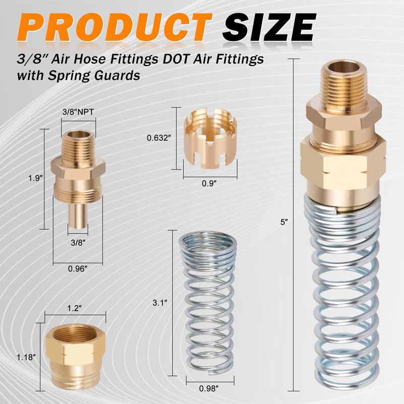 4Pcs Brass 3/8” Air Hose Fittings DOT Air Fittings with Spring Guards, 3/8” Male Connector for Rubber Tube, Air Brake Hose End Fittings, with 8Pcs Fitting Sleeve Tubes 3/8” Hose x 3/8” Male Connector with Spring Guard