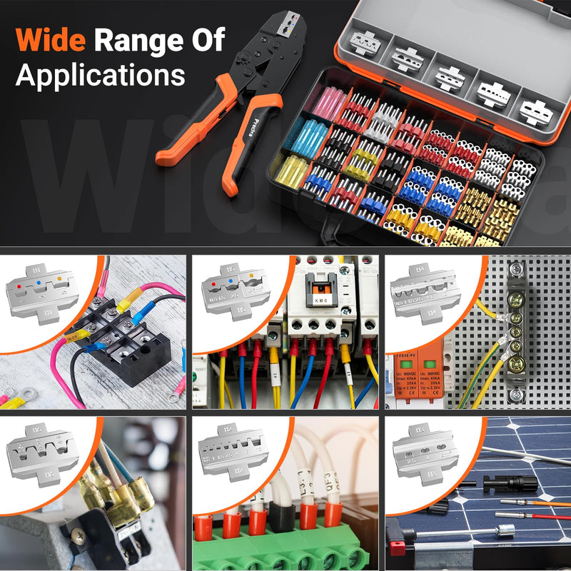 Preciva 6 PCS Crimping Tool Set with 395 PCS Connectors, Ratcheting Wire Crimper Tool for Heat Shrink,Insulated Connectors,Open Barrel,Circlip Terminals,Tube Terminals,Solar Connectors