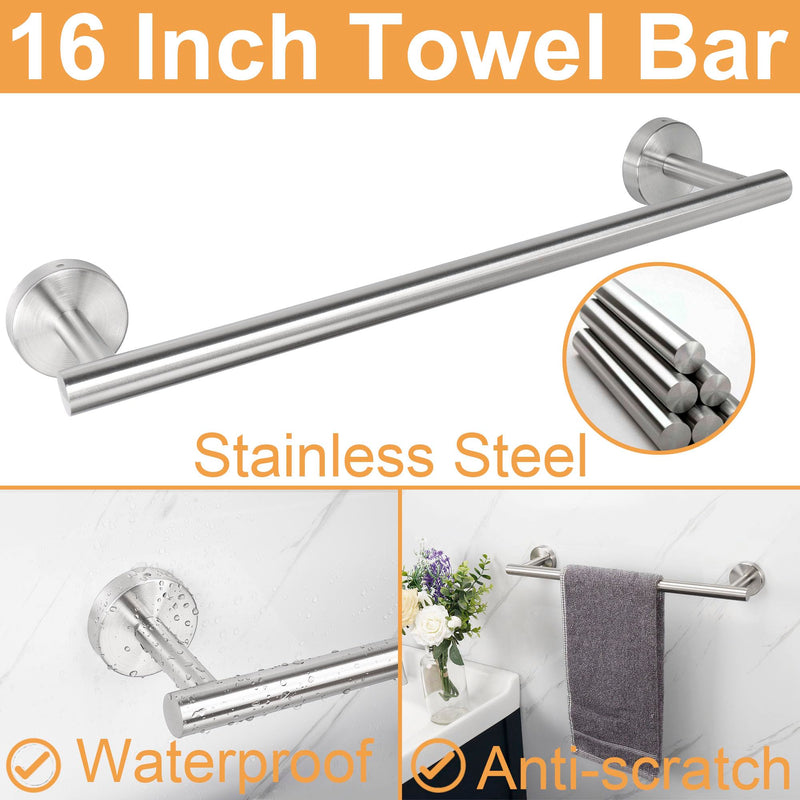 TocTen Bathroom Hardware Set, Thick Stainless Steel Bath Towel Bar Set Including Towel Rack for Bathroom+Toilet Paper Holder+3 Robe Towel Hooks Wall Mount Bathroom Accessory Set(16IN,Brushed Nickel) Brushed Nickel-16 In-thick-5 Pcs
