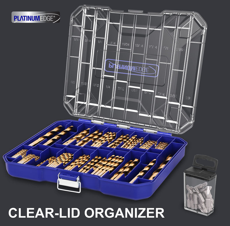 276pc Titanium Twist Drill Bit Set with S2 Bits 135° Tip High Speed Steel, Size from 1/16" up to 1/2", Ideal in Wood Cast Iron Aluminum Alloy Plastic Fiberglass, Clear Lid Case SAE 276 Pieces Drill Bit Set 135°