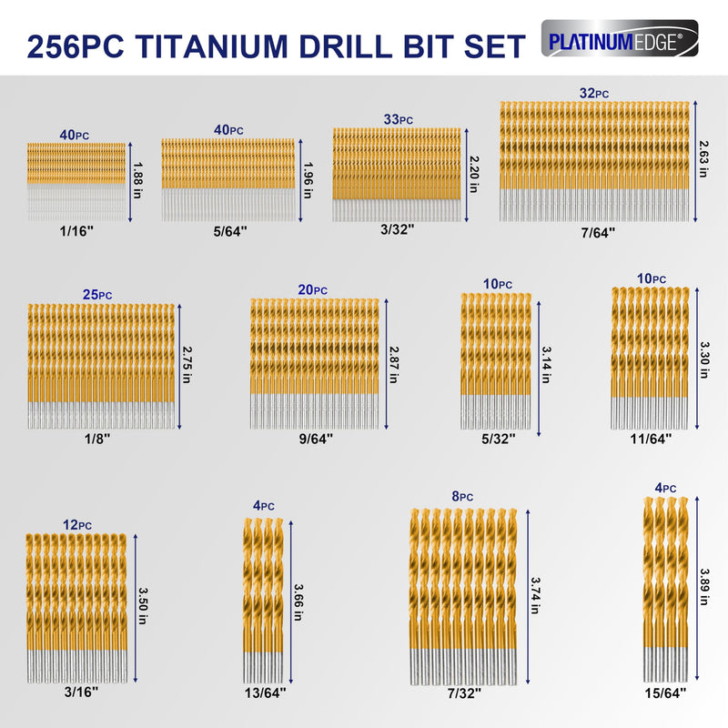 276pc Titanium Twist Drill Bit Set with S2 Bits 135° Tip High Speed Steel, Size from 1/16" up to 1/2", Ideal in Wood Cast Iron Aluminum Alloy Plastic Fiberglass, Clear Lid Case SAE 276 Pieces Drill Bit Set 135°