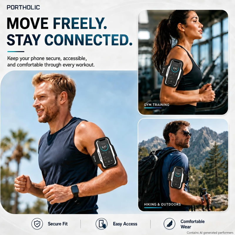 PORTHOLIC Running Armband Phone Holder with Earphone Pouch Fits up to 6.9" | Cell Phone Arm Bands for Runners Workout with Card Slot & Extension Strap for iPhone 17/16/15/14/13 Plus Air Pro Max XR/XS Black(Up to 6.9'')