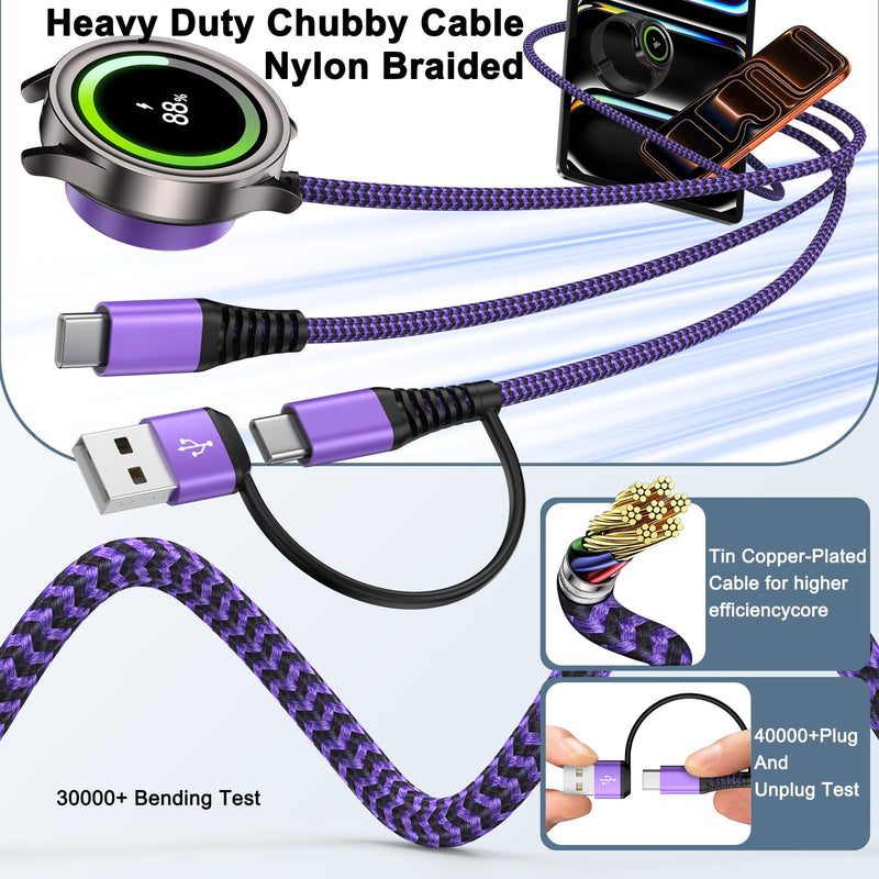Travel Essentials Magnetic Fast Charger for Samsung Watch Charger 8 Classic | 2in1 USB A & USB C Fast Charging Cable for Samsung Galaxy Watch 8/7/Ultra/6/5 Pro/5/4/4 Classic/3/2/A17/A16/A37/S26/S25/S2 Purple