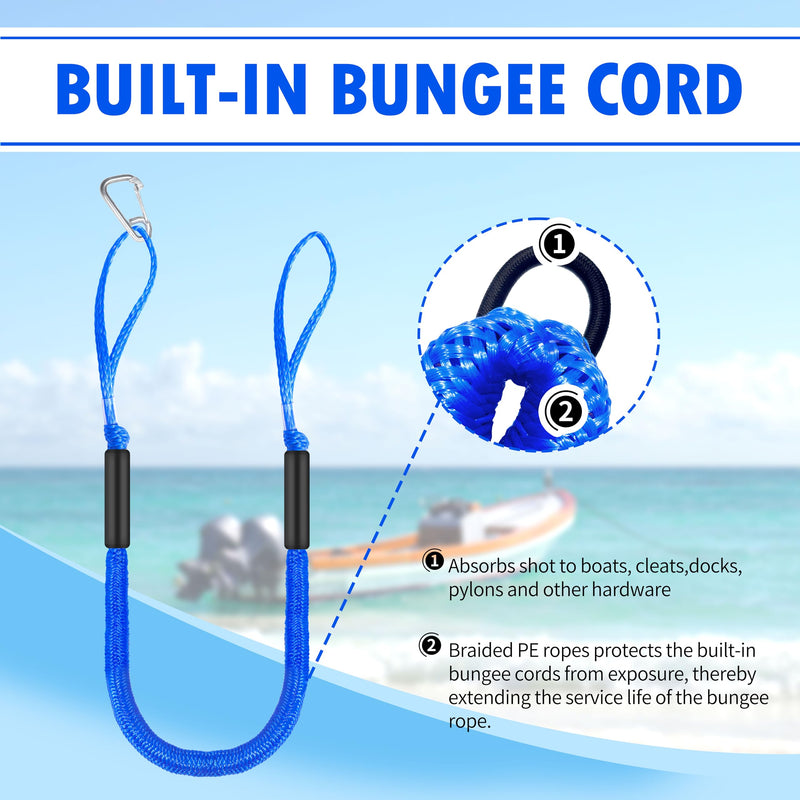 Boat Bungee Dock Lines 4 ft - Single Hook Dock Rope with 2 Loops, 2 Pack (Blue) blue