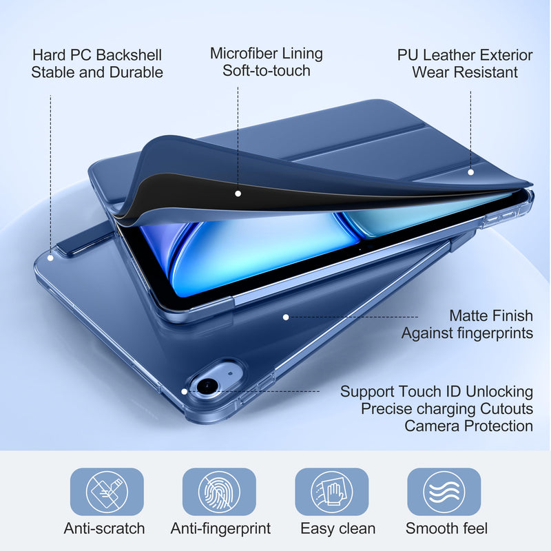for iPad Air 11 Inch Case (M4/M3/M2) with Screen Protector | Slim Trifold Stand Protective Cover with Translucent Back for iPad Air 11 Case (2026/2025/2024), Auto Sleep/Wake, NavyBlue