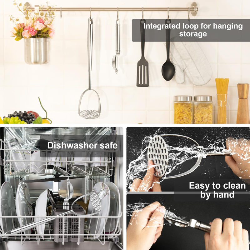 Long Potato Mashers with Peeler,The Long Handle Should Not Be Burned,Easy To Clean Potato Masher Stainless Steel,Size:L Silver-Set-L