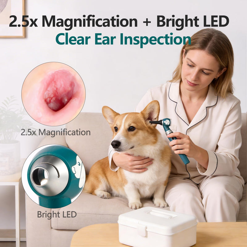 Pocket Veterinary LED Otoscope - Pet Ear Scope with Light for Dogs & Cats, 6 Disposable Tips (4/6/9mm), Portable Ear Infection Detector (Green) Dog-Green