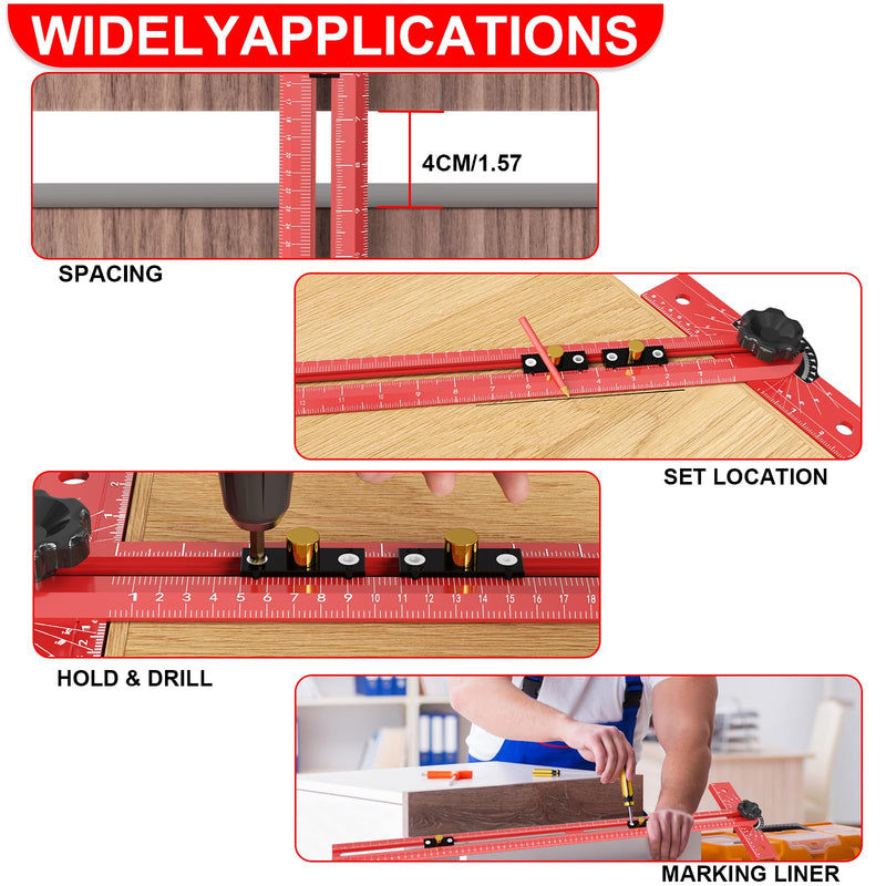29 Inch Woodworking T Square Ruler, Adjustable Angle 15-165° Measurement Tool, Aluminum Alloy Body Precision Drilling Positioning Guide for Carpentry, Drafting, Architec, Scribe Crafting 29in red