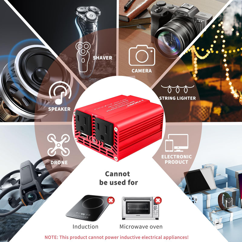 LVYUAN 500W Power Inverter for Vehicles DC 12V to 110V AC Car Plug Adapter Outlet Converter with 2 USB Fast Charging Ports and 2 AC Outlets Car Charger Adapter Red