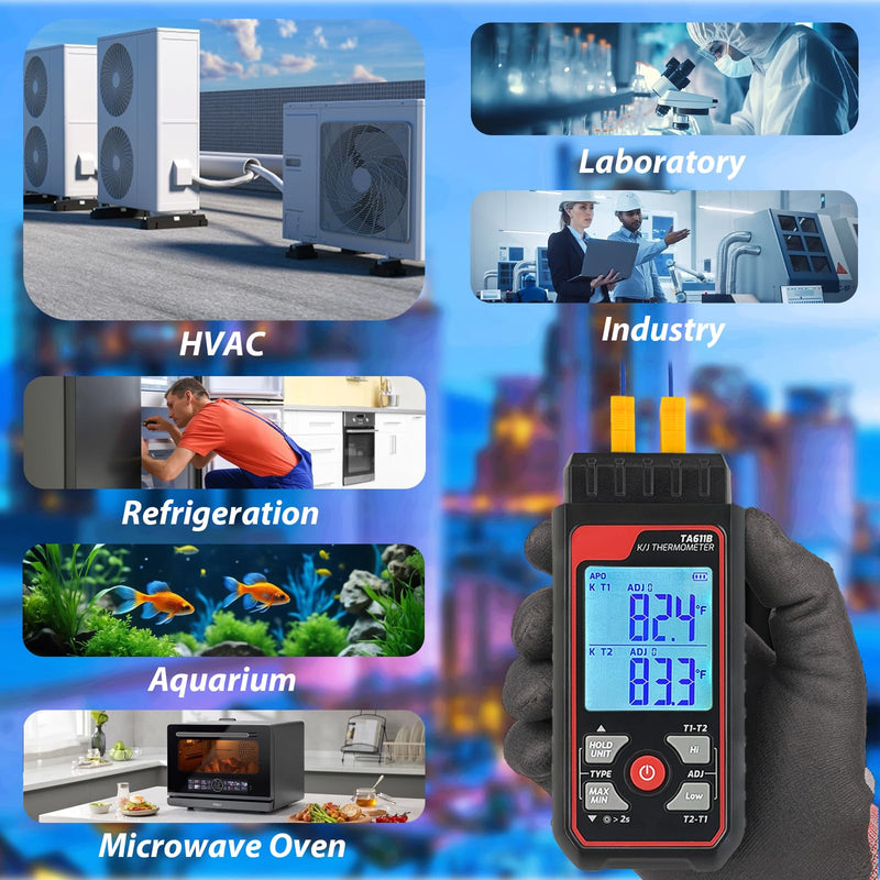 Digital K Type Thermocouple Thermometer (-328~2500℉), Dual Channels Thermometer with 2 HVAC Temperature Clamps & 2 Wired Thermocouple Probes, LED Backlight & ADJ Compensation Temperature Meter Tester