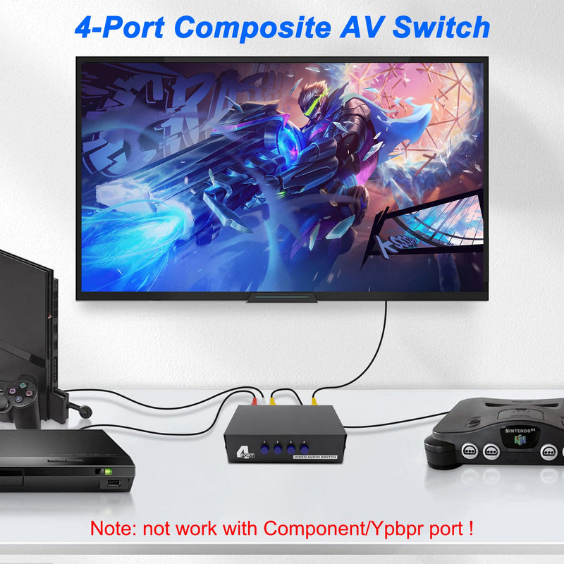 MEIRIYFA 4 Way AV RCA Switcher Splitter 4 in 1 Out 4 Port AV RCA Switch | 4-in-1 Composite Video L/R Audio Switcher Selector Box for DVD Player, Game Consoles TV Monitor Projector