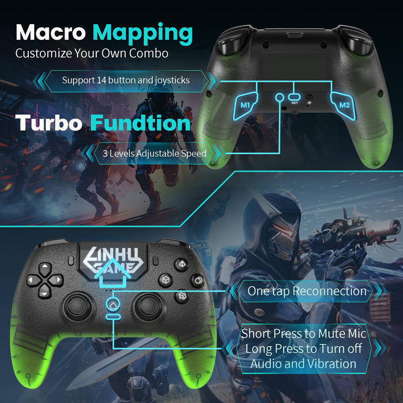 linhugame Transparent Wireless Controller for PS5/Pro/Slim/PC(Electric green),Full surround RGB, Hall-Effect Joysticks and Trigger, Macro, 1500mAh, Speaker and Mic