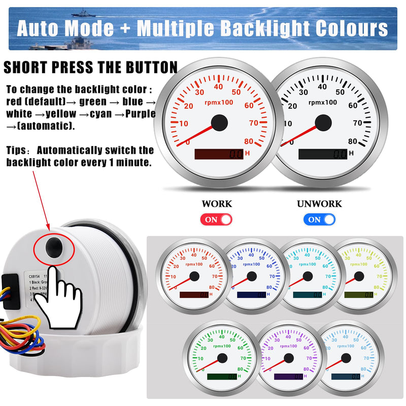 Geloo 85MM Boat RPM Tachometer Gauge 0-8000 RPM Tacometro Meter Replacement for Auto Truck Car - 7 Colors Backlight LED Display 9-32V 3-3/8" (White) White 8000 RPM