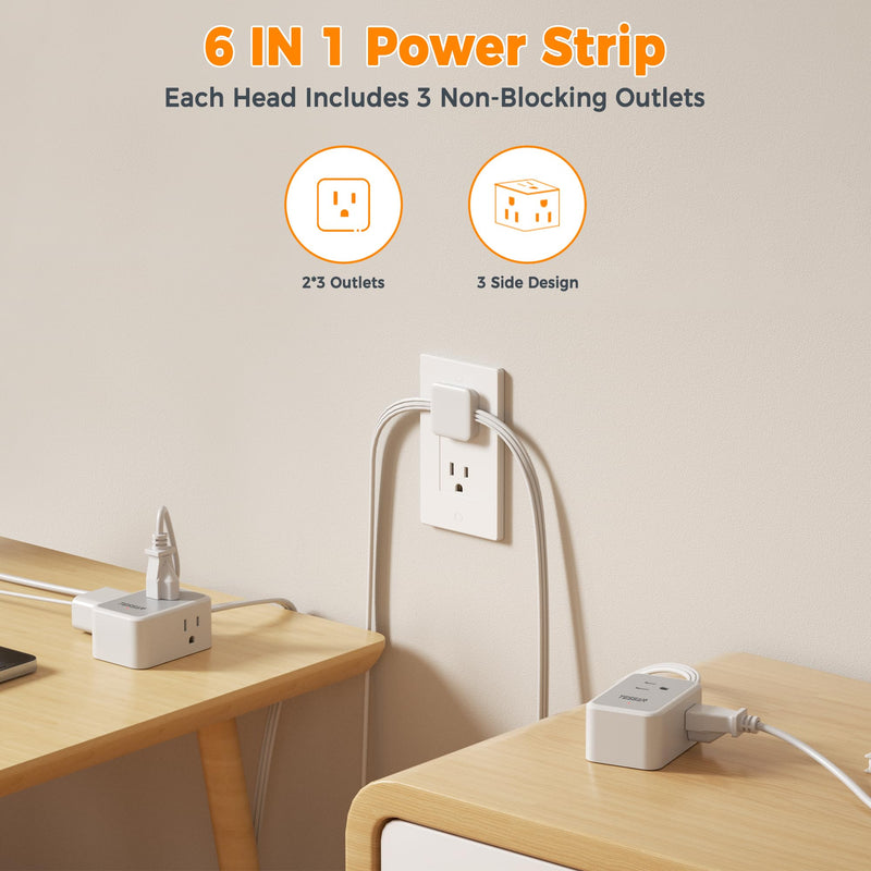 TESSAN Double Ended Flat Plug Power Strip, Twin Extension Cord 12 FT, 3 Non Blocking Outlets 6ft Power Splitter on Each Side, Dual Split Surge Protector Outlet Extension for Home Office Dorm Room Gray 6 FT (Double Ended)
