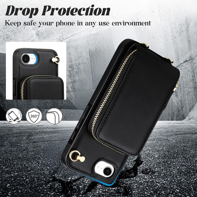 JAKPAK Wallet Case for iPhone 17e 16e with Card Holder & Crossbody Strap | Shockproof Leather Protective Phone Cover with Lanyard, Zipper Purse Case Women Men for iPhone 16e 17e 6.1 inch, Black iPhone 17e/16e 6.1”