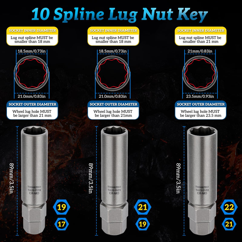 10 Spline Lug Nut Socket,Compatible with Bimecc 10 Point Socket.Dual Drive 10 Spline Lug Nut Key,Replacement for Ta20 17/19,TA20-19/21 TA23-21/22 Wheel Lock Nuts 3 Pipces