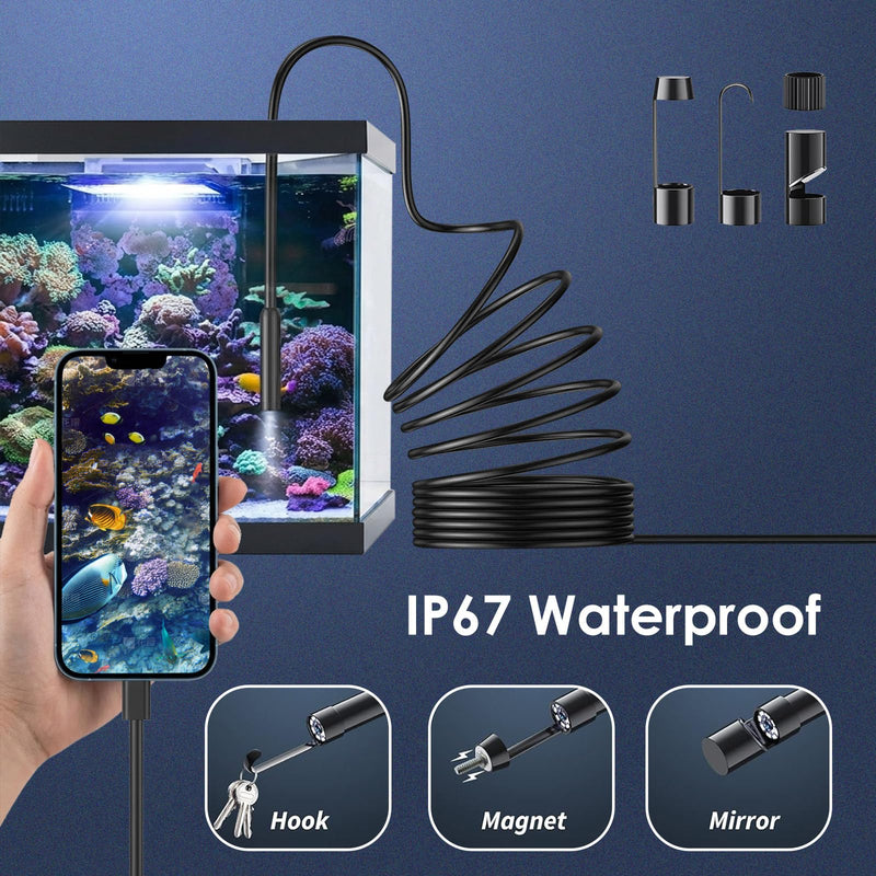 Endoscope Camera with Light, 1920P HD Borescope Camera with 8 Adjustable LED, 16.4FT Semi-Rigid Snake, IP67 Waterproof 8mm Inspection for iOS and Android (Single-Lens) Single Lens-5M