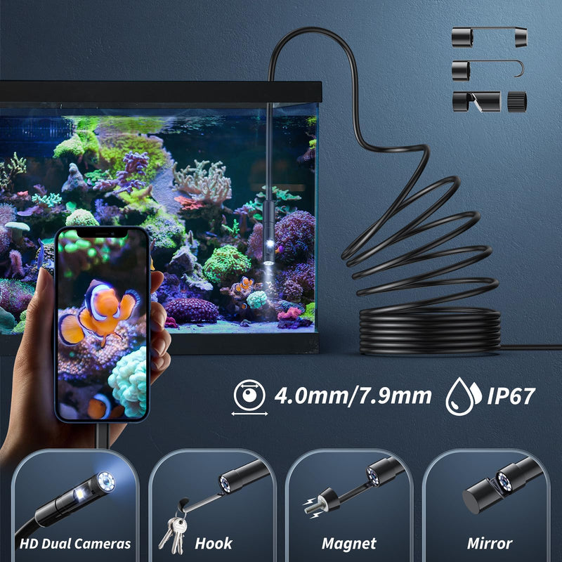 Endoscope Camera with Light,1920P HD Borescope Tools with 8 Adjustable LED Lights, Endoscope with Semi-Rigid Snake Camera, IP67 Waterproof Inspection Borescope for iOS and Android-16.4ft Dual-Lens 16.4ft