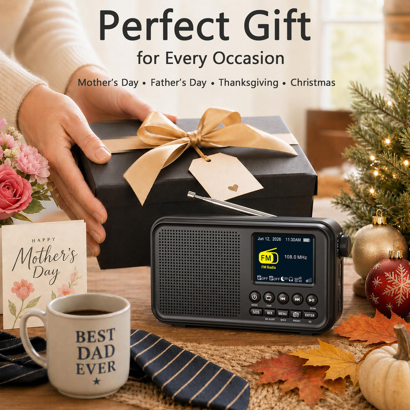 Eoxsmile Portable FM Radio with Bluetooth, NOAA Weather Alert, 40 Presets | Rechargeable 3000mAh Battery, Dual Alarms, Sleep Timer & MicroSD Playback, Digital Radio for Home, Bedside, Kitchen & Travel Black