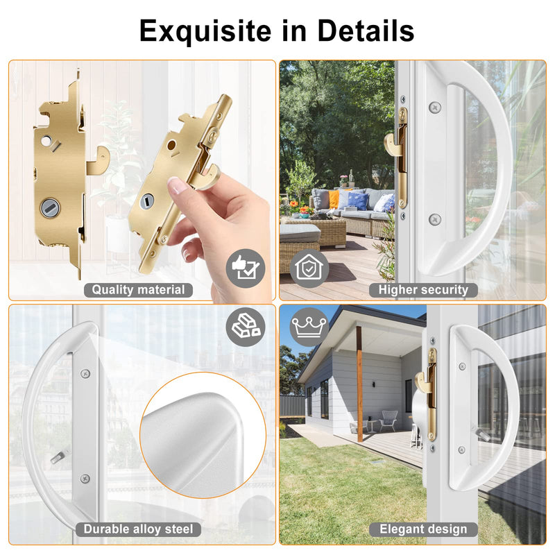 Sliding Door Lock with Mortise Lock (No Key), Patio Sliding Door Handle Reversible Design, Sliding Glass Door Lock Fits 3-15/16" Hole Spacing White