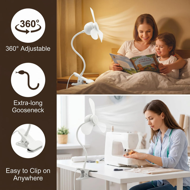 Clip-on USB Powered Fan and LED Lamp Combo, White, 360° Adjustable Flexible Gooseneck, 3000K, Quiet Operation, for Reading, Painting, and Sewing