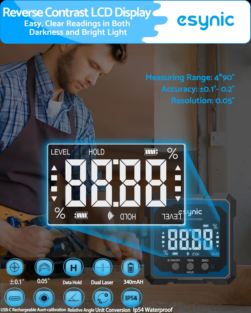 eSynic High Precision Digital Angle Finder with Laser-USB-C Rechargeable-4 Sides Magnetic Digital Angle Gauge-Rugged Aluminum Alloy Frame-for Construction (Laser Level: Class II Output: 0.51mW)