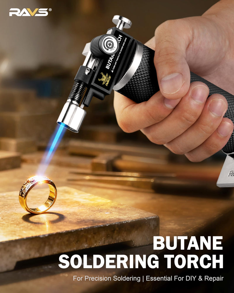 RAVS Butane Torch Lighter, DUAL Flame Mode Kitchen Torch, Refillable Cooking Torch Gun, Creme Brulee Torch Lighter, Blow Torch for Cooking, Welding, Mini Torch Soldering Torch, Butane is Not Included Black