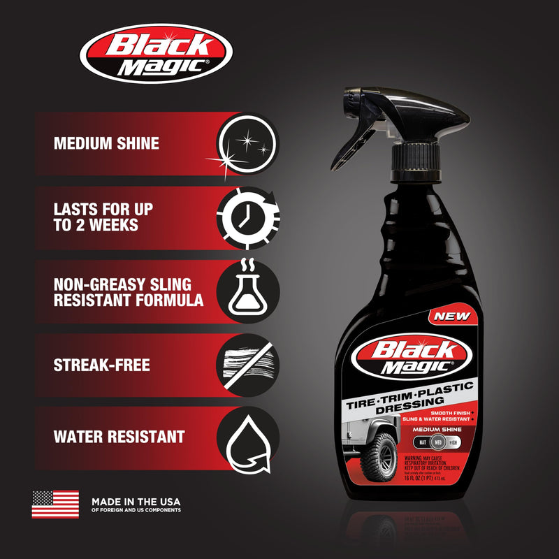 Black Magic 120230 Tire Trim Plastic Dressing, Medium Shine, Streak-Free, Water Resistant & Non-Greasy Formula for Tires, Trim & Plastic, Lasts Up to 2 Weeks - 16 Fl Oz 16 Fl Oz. (Pack of 1)