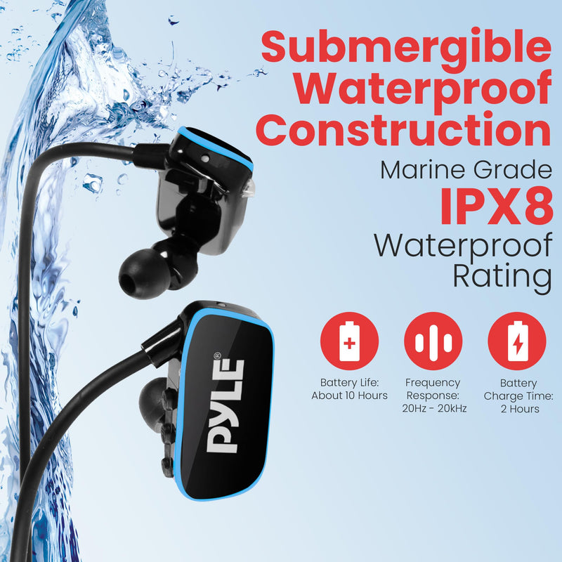 Pyle Flextreme Waterproof Sports Wearable MP3 Headset Music Player 8GB Underwater Swimming Jogging Walking Gym Earphones Earbuds Rechargeable Comfortable Flexible Headphones USB Connection (PSWP14BK)