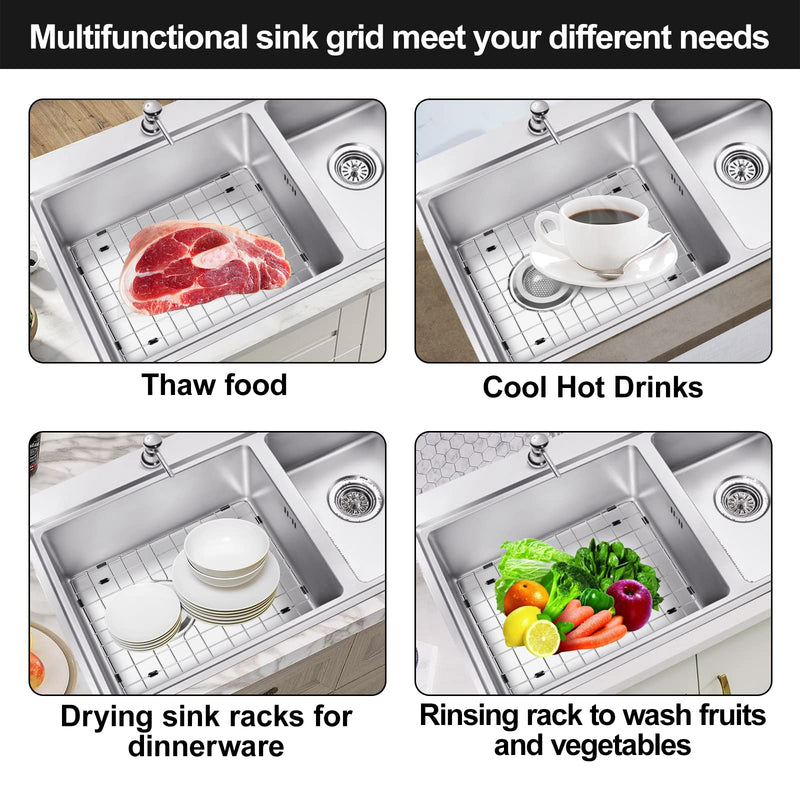 2pcs ARLBA Upgraded 15"x13" 304 Stainless Steel Sink Protectors for Kitchen Sink 15.5"x13.5" Rear Drain,Metal Sink Grid & Sink Rack for Bottom of Sink, Sink Gate Scratch Protection w/Sink Strainers
