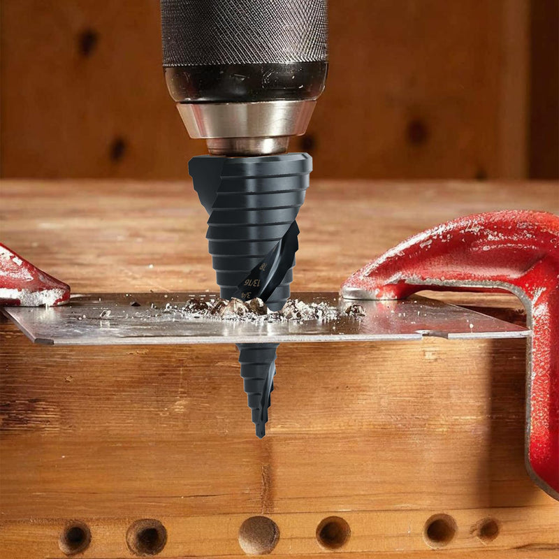 M35 Cobalt HSS Step Drill Bit, Nano TiAlN Coating with Spiral Flute, 18 Steps 3/16"–1-1/4", 3/8" Tri-Flatted Shank for Stainless Steel, Metal, Wood & Plastic Black
