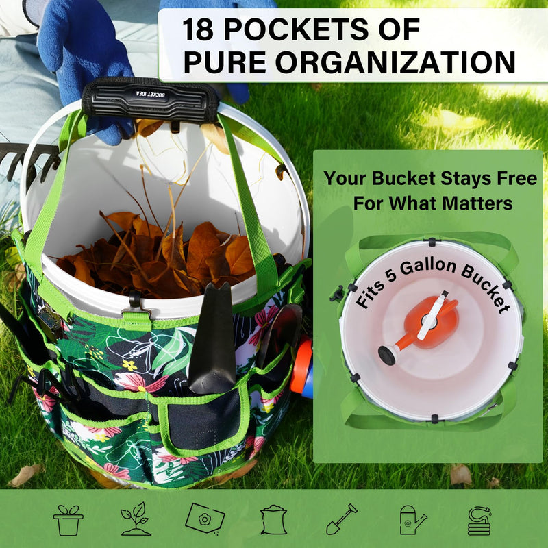 KUNN Bucket Tool Organizer 5 Gallon 18-Pocket Gardening Tool Bag with Hangable Handle | Garden Caddy & Bucket Accessory, Green Green Leaf