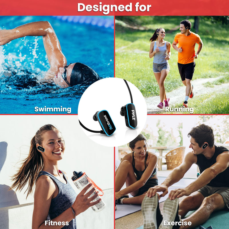 Pyle Flextreme Waterproof Sports Wearable MP3 Headset Music Player 8GB Underwater Swimming Jogging Walking Gym Earphones Earbuds Rechargeable Comfortable Flexible Headphones USB Connection (PSWP14BK)