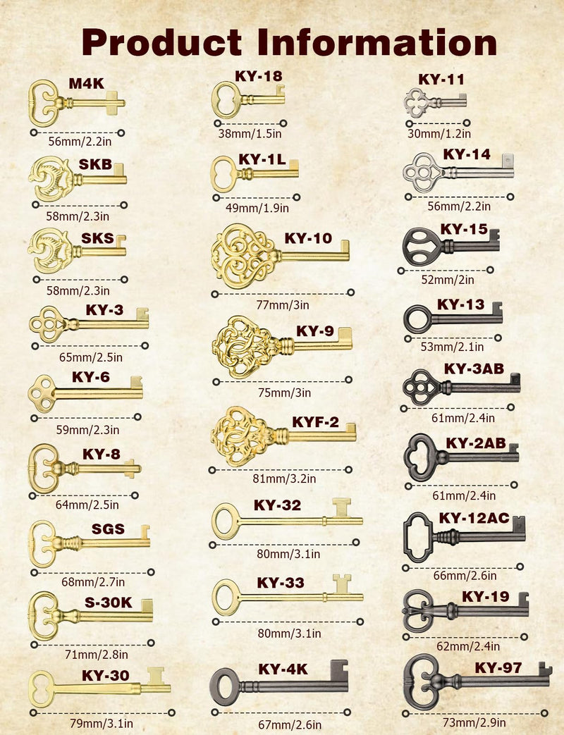 Mellbree Skeleton Key Set, 26-Key Universal Replacement Skeleton Keys Kit for Antique Dresser, Chinese Cabinet, Antique Furniture and Old Style Cabinets or Doors, Collectible Gift 0.6-2.6 inches