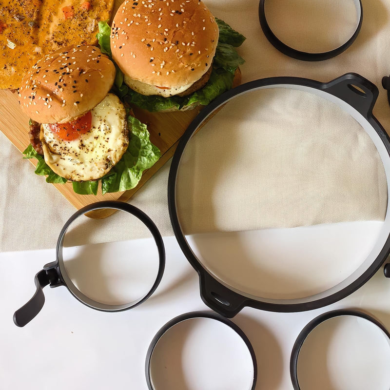 Nonstick Silicone Egg & Omelet Ring Kit,4" Egg Rings & 8" Omelet Ring, Egg Rings for Frying Eggs, Pancakes, Patties and English Muffins, 7 Piece Set (BLACK) BLACK