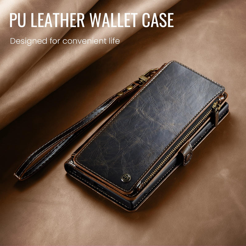 Defencase for Samsung Galaxy A37 5G Wallet Case with Card Holder, Coffee | RFID Blocking, Zipper Pocket, Durable PU Leather, Wrist Strap, Fashion Snap Flip Phone Cases Cover with Stand for Women Men