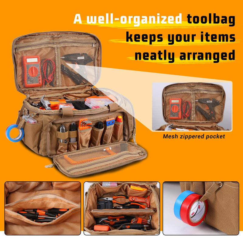 14-Inch Heavy Duty Tool Bags for Men, Tactical Tool Bag With Anti-Friction Bottom, Hand Tool Storage Bag, Work Tote Bag and 16+ Multi-Pockets, Ideal Gift For Mechanics, Electricians, Carpenters