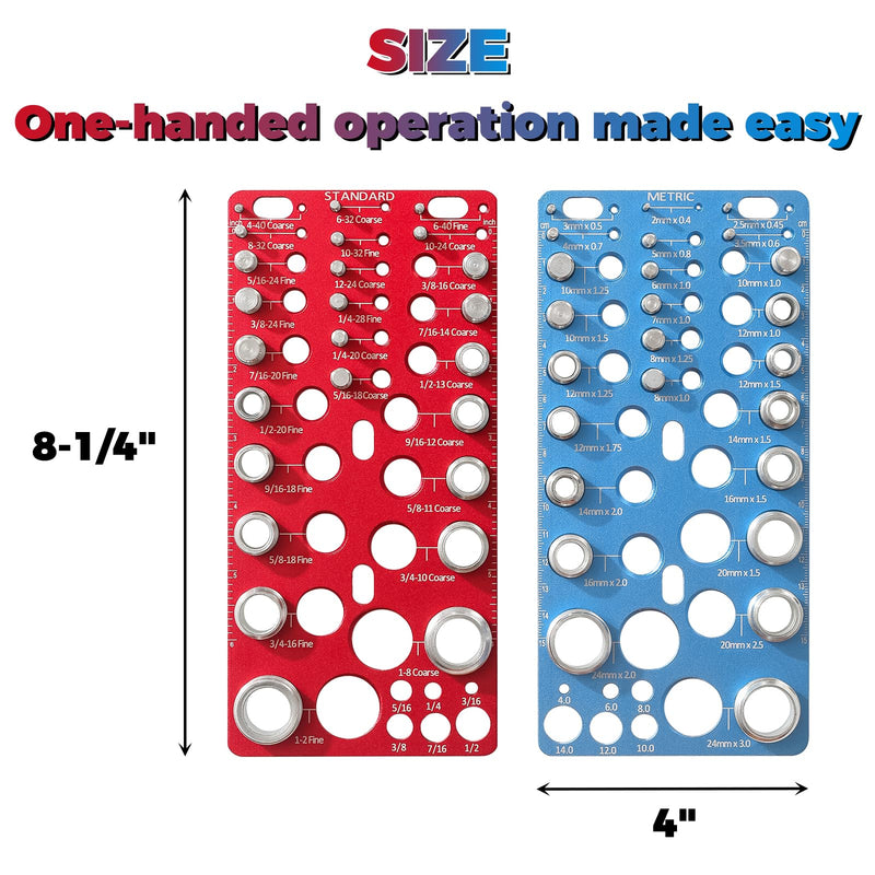 62-Piece Nut and Bolt Thread Checker - 25 Inch & 25 Metric Thread Gauges + 12 Drill Bit Sizers, Heavy-Duty Aluminum & Steel Bolt Size Finder, High-Precision Screw Identifier Tool (Red & Blue)