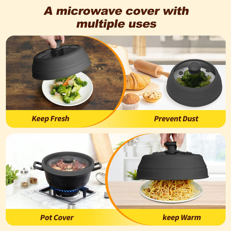 Microwave Splatter cover, Glass Microwave Cover for Food, 10.8 inch Guard Lid with Collapsible Silicone for 6-10 inch Plates & Bowls, Dishwasher Safe, 450°F Heat Resistant, BPA-Free, Black 10.8inch