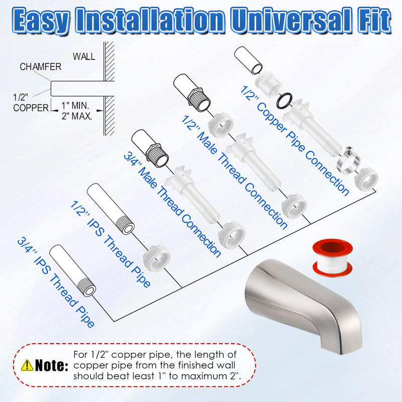 Enhon 3 Handle Shower Faucet Set Compatible with Pfister Verve Bath Tub Tool, Shower Knob and Bathtub Faucet Fits 1/2'', 3/4'' IPS Connection With 4 in 1 Spout Adapter Assembly Tool(Brushed Nickel) Brushed Nickel