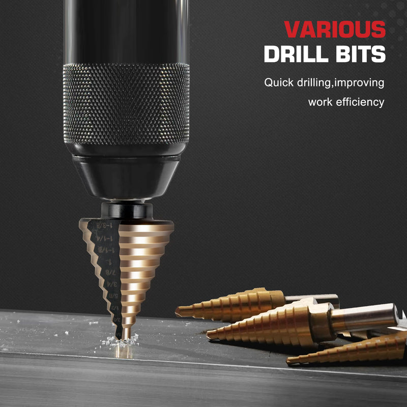 5Pcs Step Drill Bit & 5Pcs Countersink Drill Bit Set, Titanium Coated, HSS Step Bit, 50 Sizes of Step Bit for Metal with Aluminum Case, Multiple Hole Stepped Up Bits for DIY 11pcs