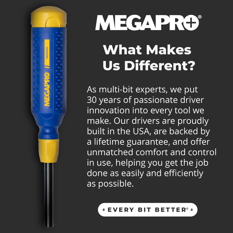 MEGAPRO® 15-in-1 Original Multi-bit Screwdriver | Home DIY & Repair | Construction | Tradeswork | 14 Industrial-grade bit tips | 1/4" Hex Drive in shaft (The Original) 15-in-1 Original North American Standard