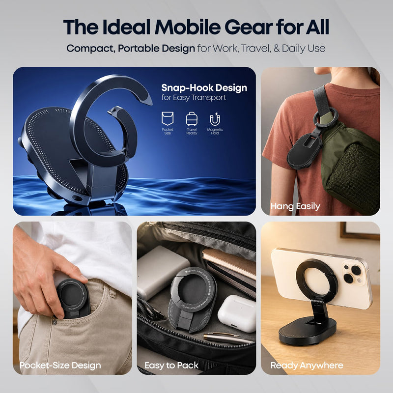 ALCOVA MagLock 3-in-1 Suction Magnetic Phone Holder for MagSafe | Phone Tripod Mount with Carabiner Clip, Compatible with iPhone 17-12, Ideal for Car Dashboard, Gym, Kitchen, Office